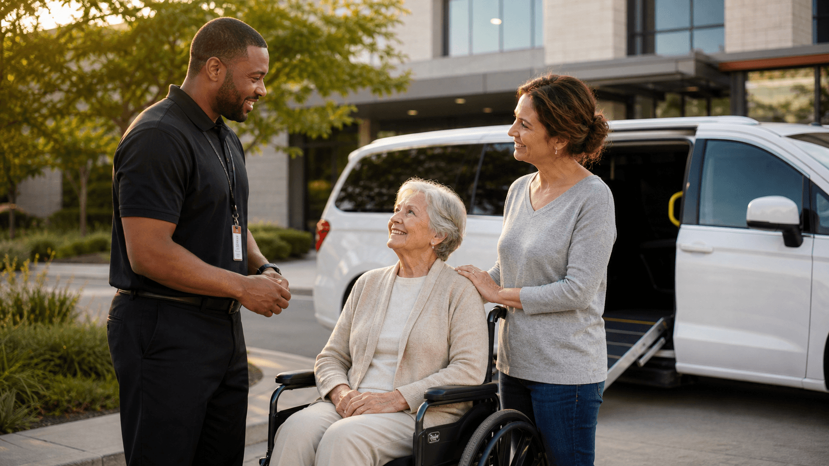 Professional MediGo-style transport driver speaking kindly with an elderly passenger and caregiver