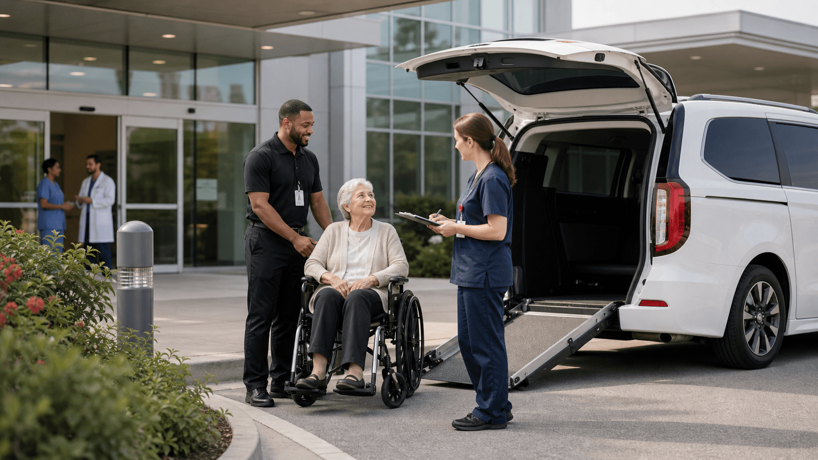 Hospital discharge and facility transfer coordination with NEMT driver and healthcare staff