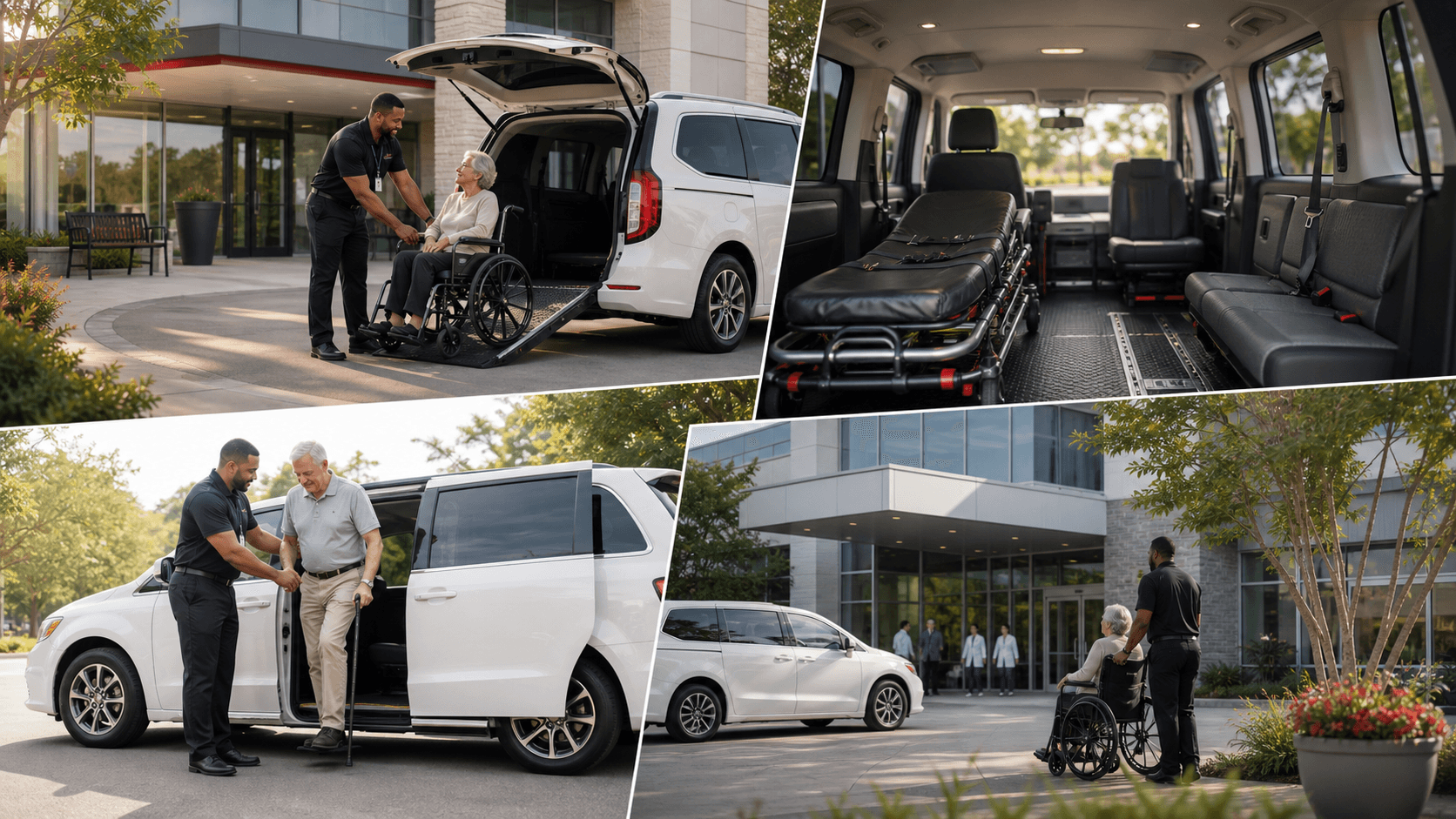 Cinematic montage of accessible NEMT services including wheelchair, stretcher, ambulatory, and appointment transport